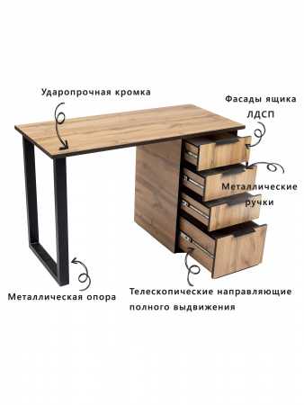 Компьютерный стол АСТЕК ЛОФТ (ЛДСП Дуб Вотан, кромка черная, металл черный)